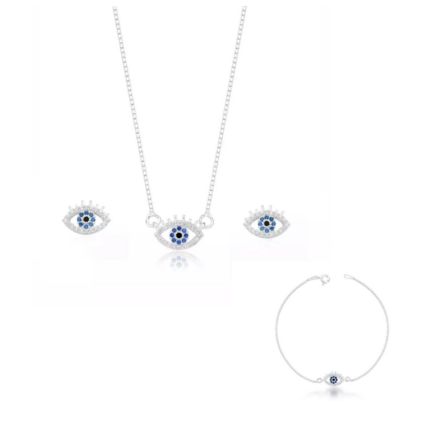 Conjunto + Pulseira - Olho Grego Cravejado - Prata 925